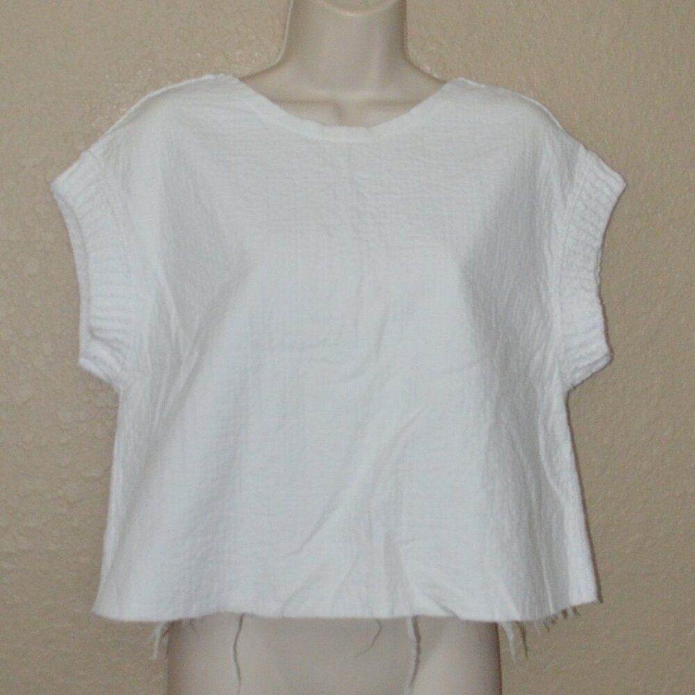 Sz XS Louiza Babouryan White Contrast Crop Raw Hem Cap Sleeve Sweater Top